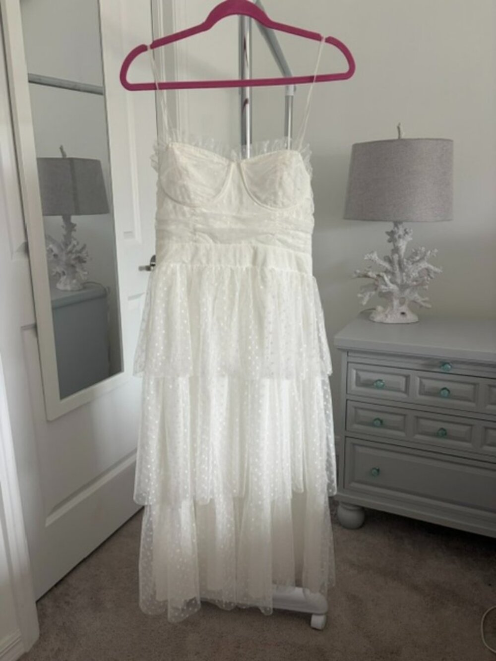 Lulu's White Tiered Tulle Polka Dot Mid Length Dress Medium